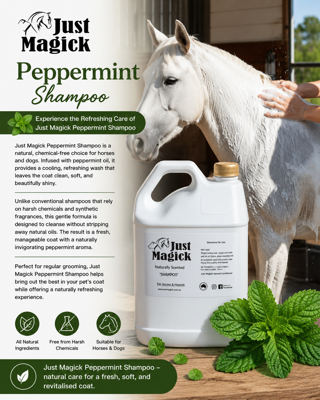 JUST MAGICK PEPPERMINT SHAMPOO FOR HORSES AND DOGS 5LT