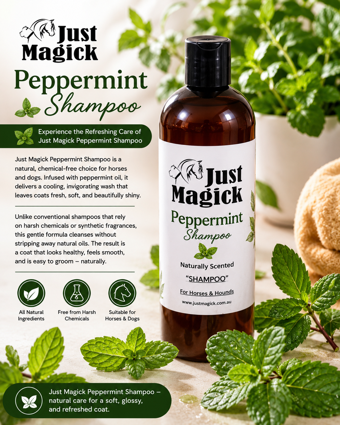 JUST MAGICK PEPPERMINT SHAMPOO FOR HORSES AND DOGS