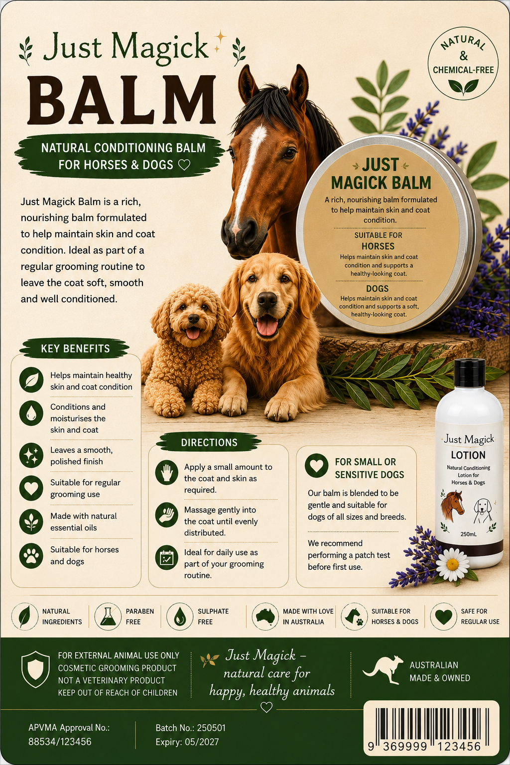 ..JUST MAGICK BALM FOR HORSES & DOGS (DOUBLE STRENGTH OF THE LOTION)